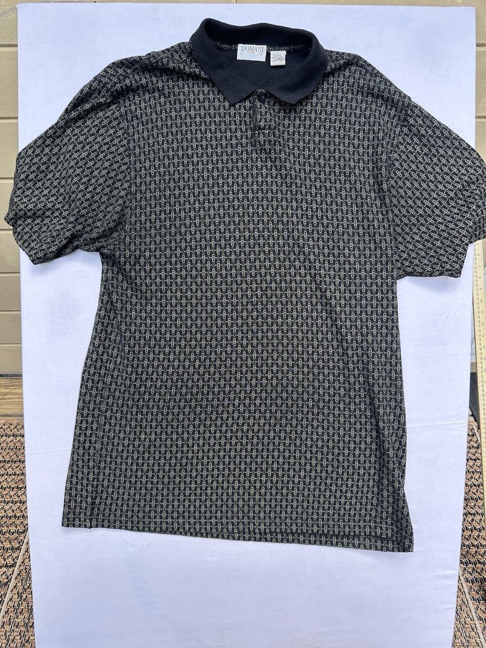 Eddie Domani Polo Shirt Mens Size L. black All over print 55% Linen 45% Cotton